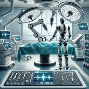 Robotic arms assisting in a minimally invasive surgical procedure.