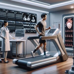 Man Running on treadmill in a lab with an assistant