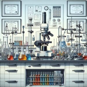 Microscope set up in laboratory surrounded by vile's