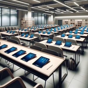 Classroom with desks lined up with tablets on them