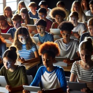Students sitting down looking at iPads