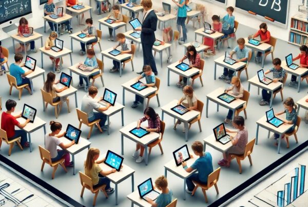 Classroom of students sitting at desks with iPad