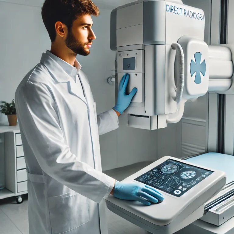 Medical technician using a Direct Radiography X-Ray machine.