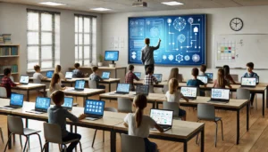 Classroom full of students with laptops on desk and teacher in front of class