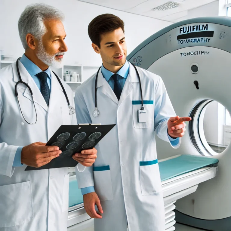A-doctor-and-a-medical-technician-discussing-FUJIFILM-tomography-equipment