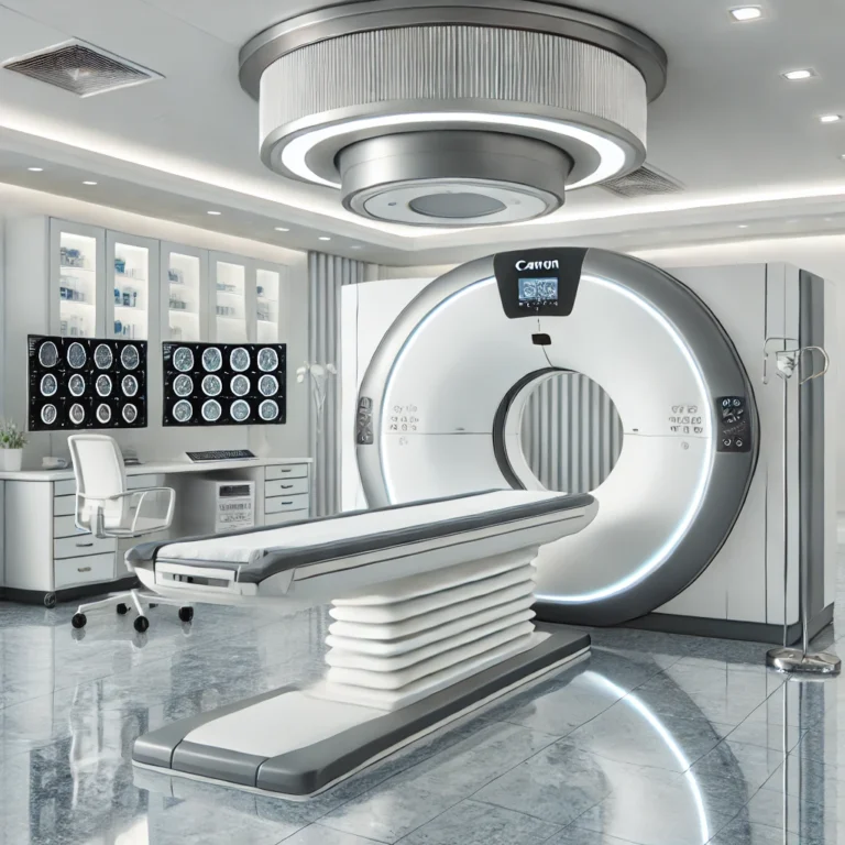 A high-tech Canon tomography scanner in a hospital setting.