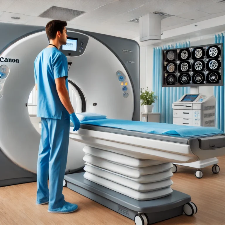 A medical professional preparing a Canon CT scanner.