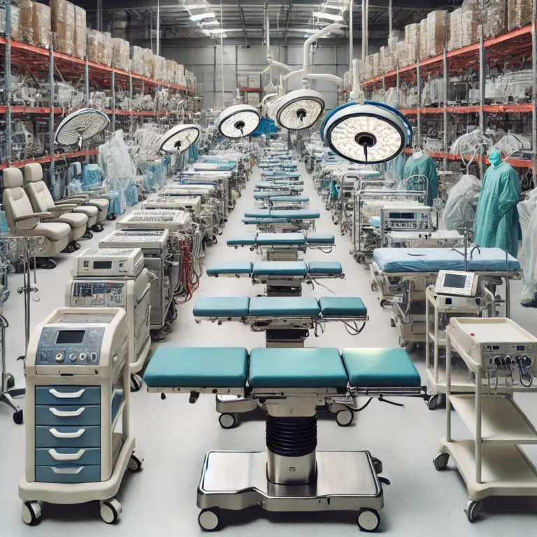 A lineup of used surgical tables and equipment in a warehouse.
