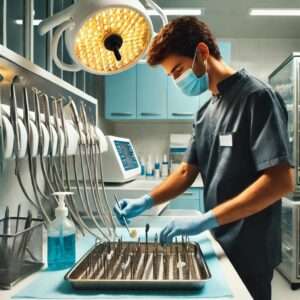 Dentist looking through his equipment