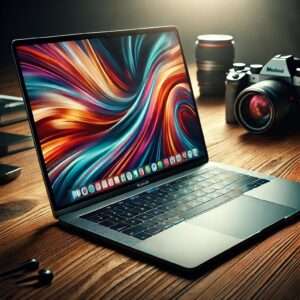 Macbook on desk sitting next to camera