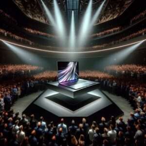 Macbook on a pedestal being shown to stadium of people