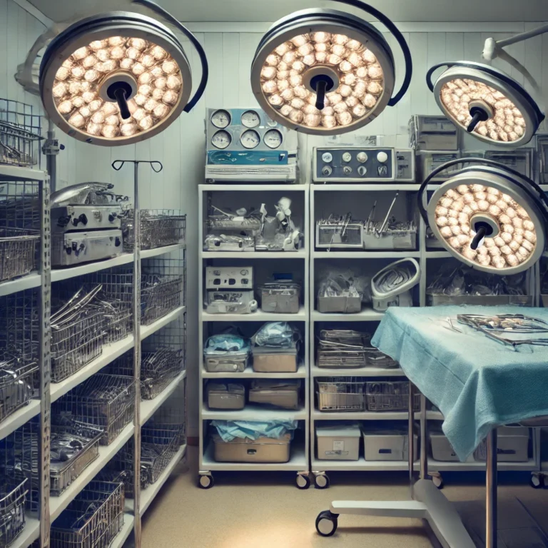 A-medical-storage-room-with-used-surgical-halogen-lights-and-equipment