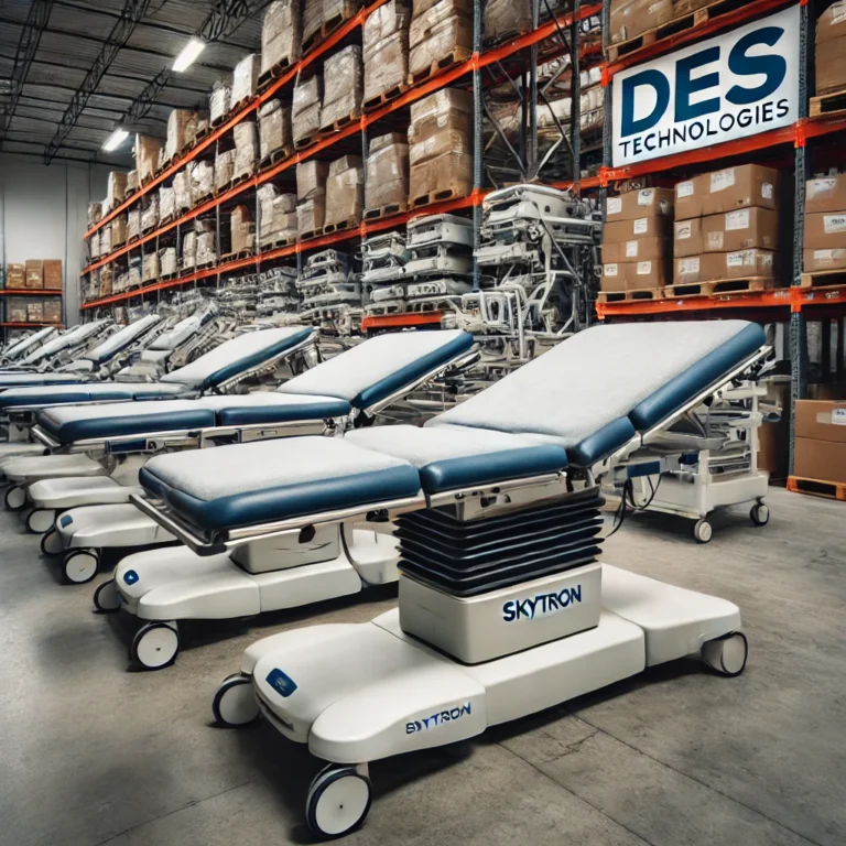A-warehouse-scene-with-used-Skytron-surgery-tables-stacked-and-ready-for-resale-or-recycling
