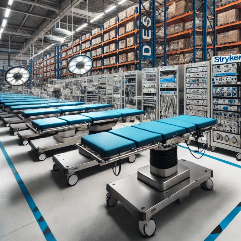 A-medical-equipment-warehouse-scene-with-used-Stryker-surgery-tables-stacked-and-organized