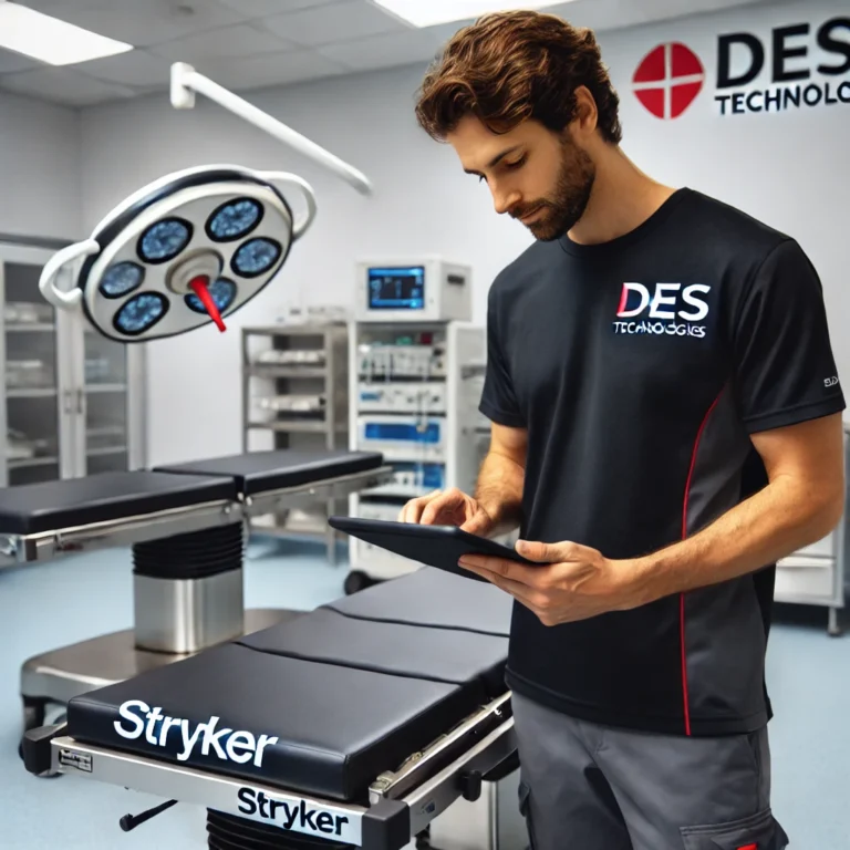 A-professional-technician-from-DES-Technologies-inspecting-a-Stryker-surgical-table-with-a-tablet