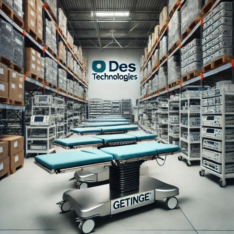 A-professional-warehouse-scene-with-used-Getinge-Maquet-surgery-tables-neatly-organized-on-shelves-ready-for-resale