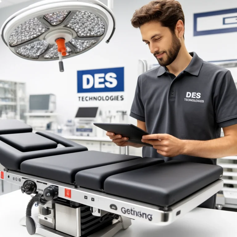 A-DES-Technologies-technician-inspecting-a-used-Getinge-Maquet-surgical-table