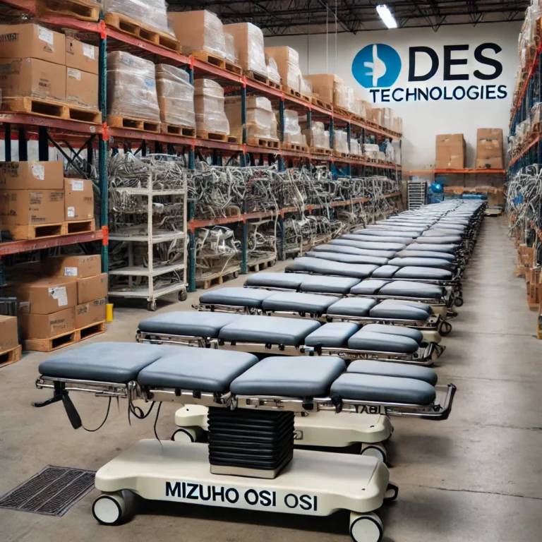 A-warehouse-scene-showing-used-Mizuho-OSI-surgical-tables-lined-up-and-ready-for-resale-or-recycling.