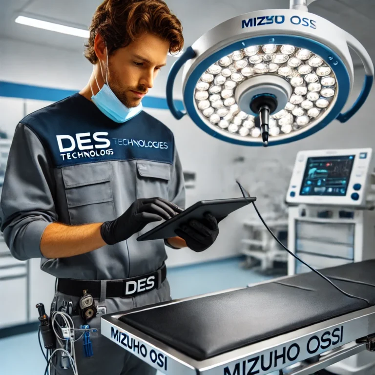 A-professional-scene-showing-a-DES-Technologies-technician-inspecting-a-Mizuho-OSI-surgical-table