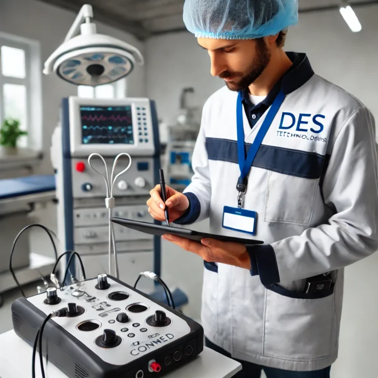 A-DES-Technologies-technician-in-branded-attire-inspecting-a-CONMED-Electrosurgical-Unit
