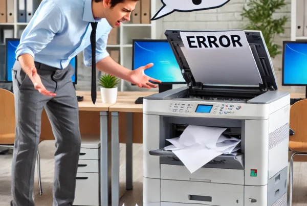 A-frustrated-office-worker-trying-to-fix-a-laser-printer-that-is-showing-an-error-message