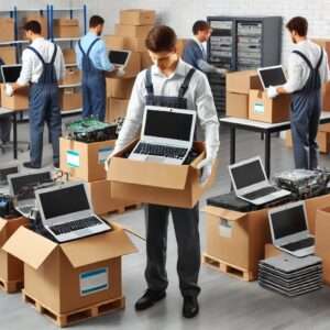 Warehouse workers packing boxes full of laptops