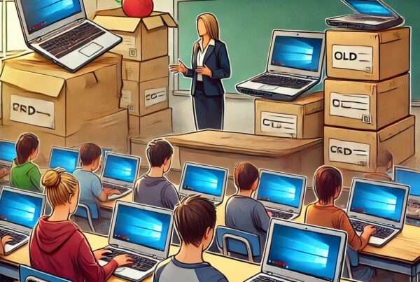 Classroom of students on laptops with boxes in the background