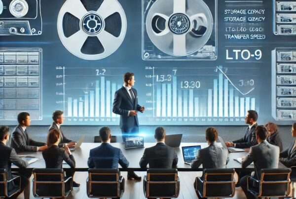 Group of people sitting around a table with LTO tapes on a screen in the background