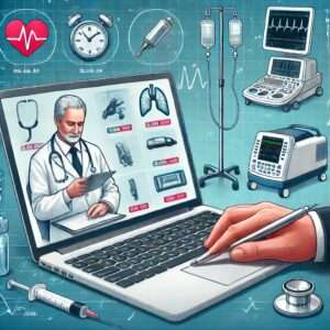 Computer with a doctor displayed on the screen surrounded by medical equipment 