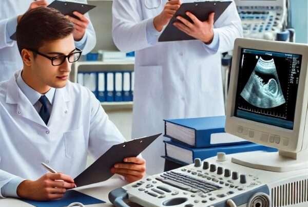 Three doctors sitting in front of medical equipment and an ultrasound machine