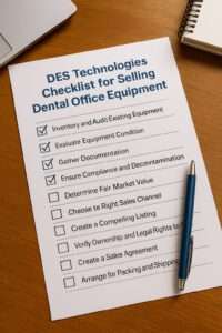 DES Technology checklist for selling dental office equipment with check boxes on paper