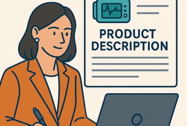 Women sitting at laptop writing product description