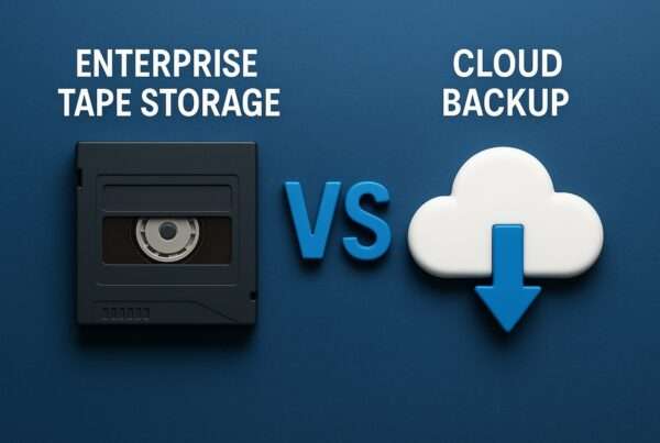 Enterprise tape storage vs. cloud backup with image of tape and cloud