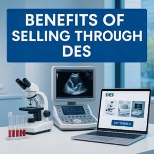 "Benefits of selling through DES" with medical equipment on table