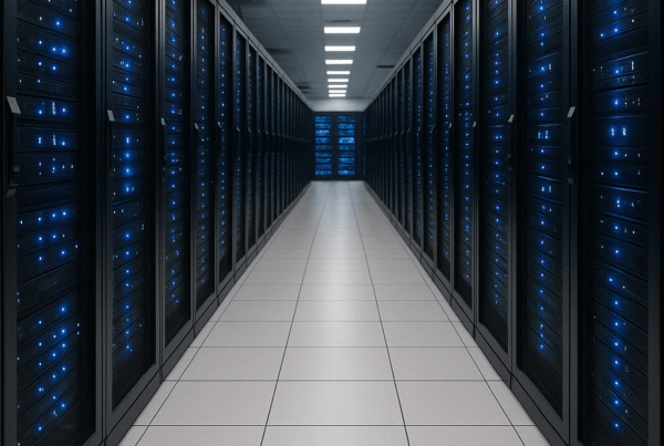 An IT professional reviewing AI integration plans on multiple monitors, with visual graphs and cloud interface icons