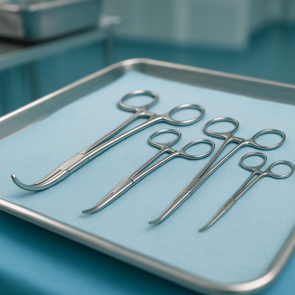 Hemostatic Surgical Clamps on a surgical tray