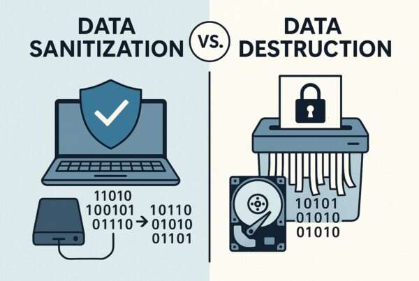 "Data Sanitization vs. Data Destruction" with image of laptop and shredder