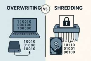 "Overwriting vs. Shredding" With image of laptop and a shredder