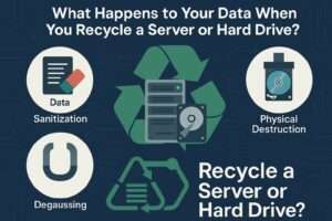 Recycle symbol with other symbols surrounding it - sanitization, physical destruction, and degaussing