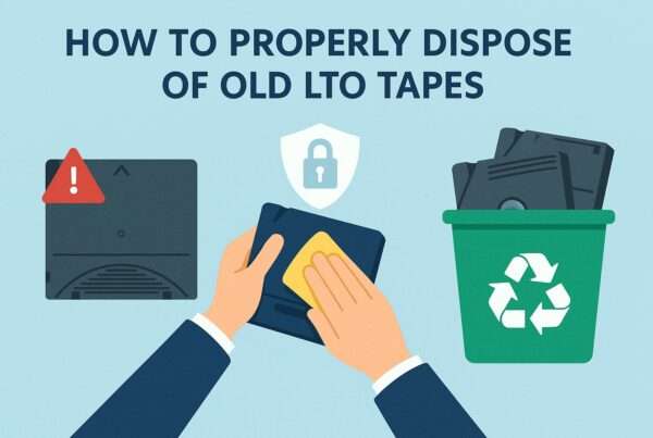 "How to properly dispose of old LTO Tapes" with image of tape being cleaned