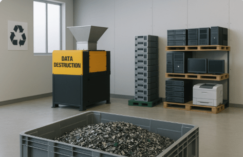 A clean, modern data destruction and recycling facility with shredded hard drives and stacked IT equipment ready for recycling, emphasizing sustainability.