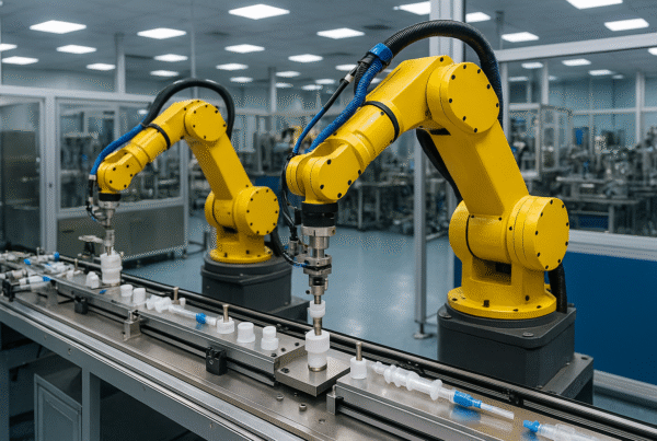 A modern medical manufacturing facility with robotic arms assembling medical devices