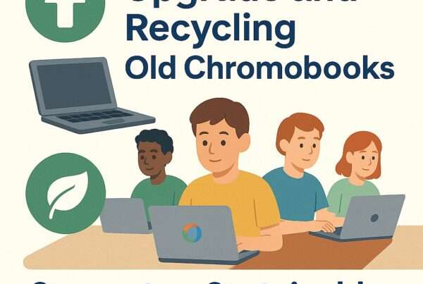 "Support a sustainable digital classroom" with children sitting at desk with chromebok