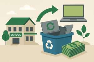 School yard with laptops in recycle bin