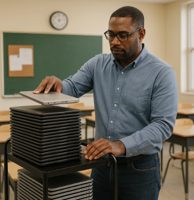 school IT staff member collecting a cart of used Chromebooks in a classroom setting.