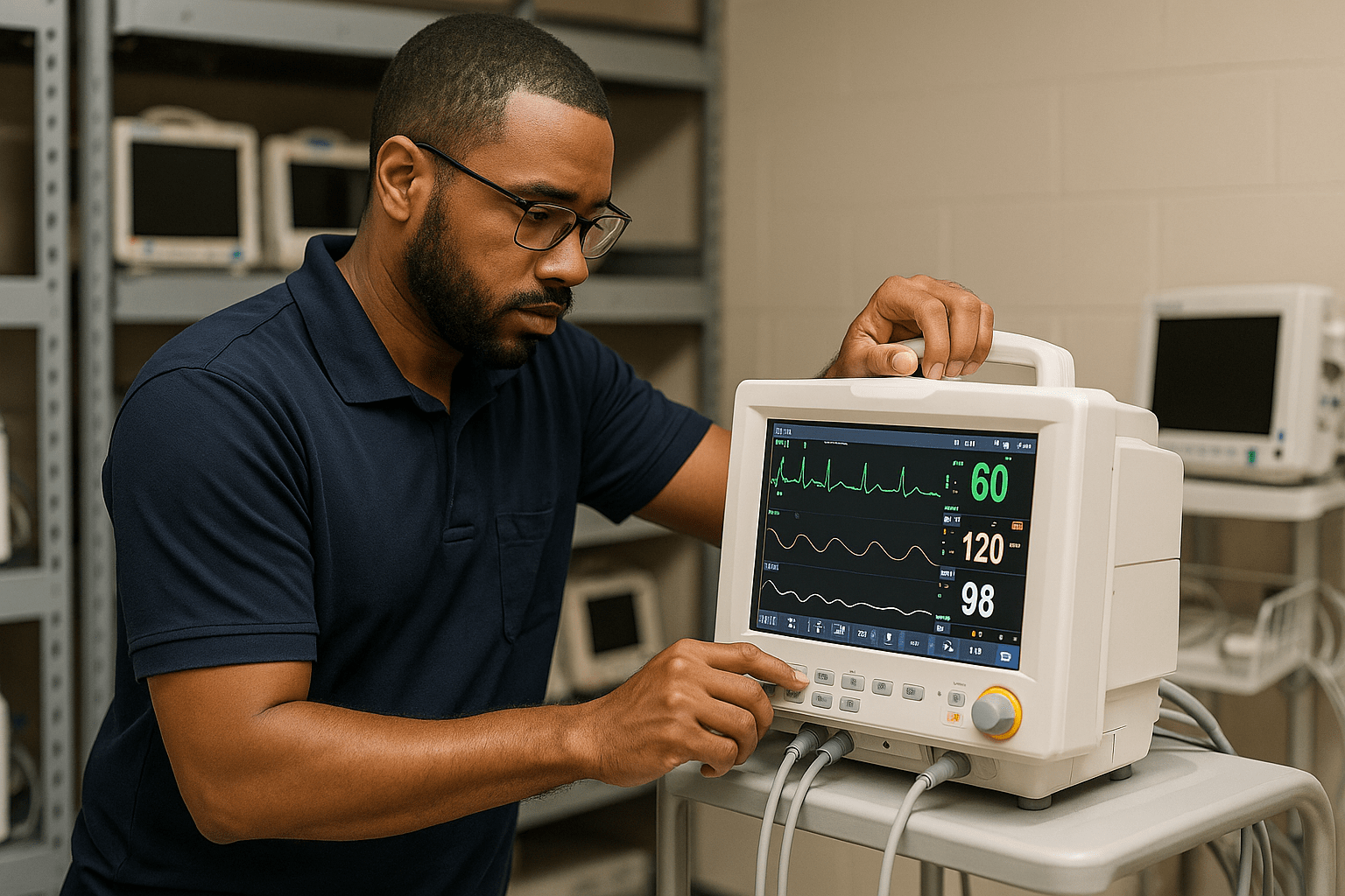 An IT and biomedical technician inspecting a patient monitor in a hospital equipment room.