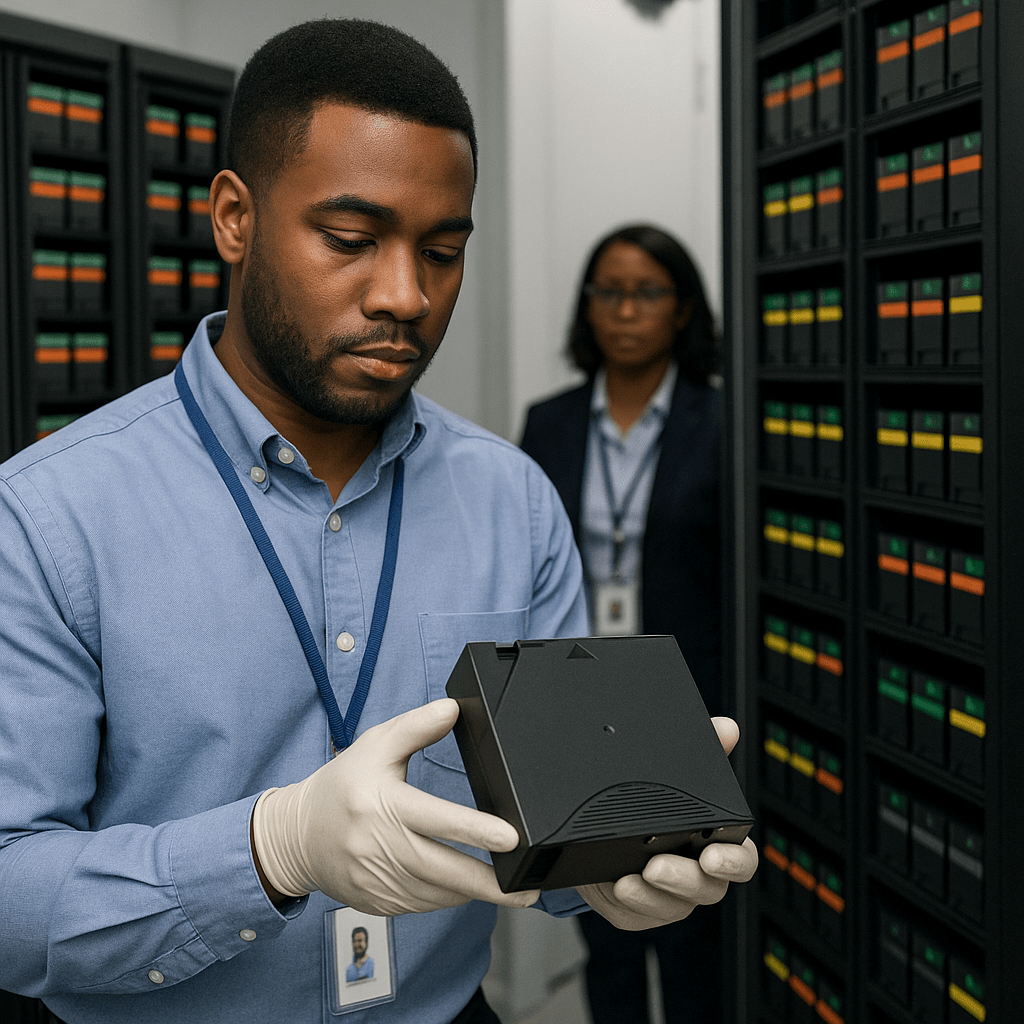 IT professional in a secure facility handling LTO tape cartridges