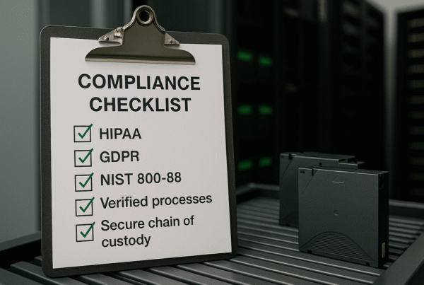 compliance checklist on a clipboard next to LTO tape cartridges in a secure data destruction facility
