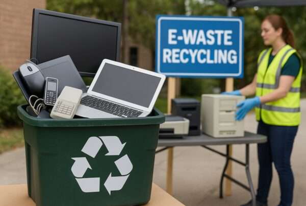 recycling bin full of old electronics