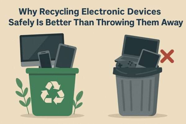 recycled electronics in a recycling bin and trash can